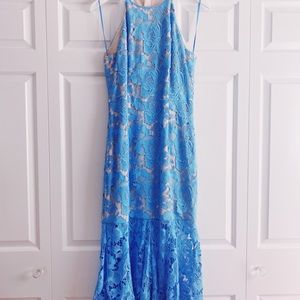 Keepsake Blue and Nude Lace Mermaid Hem Dress